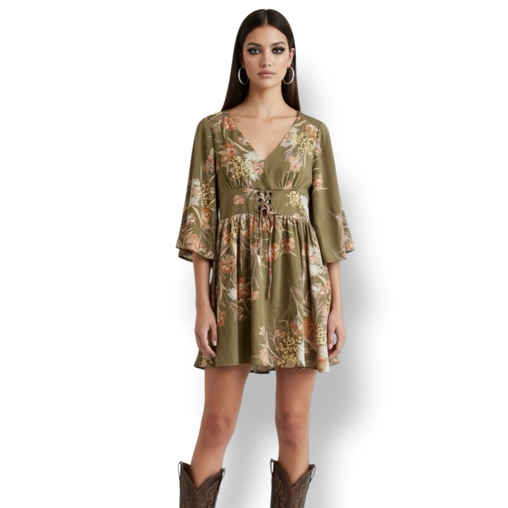 ⚡️10$ sale⚡️ MINKPINK ASOS Yoko Olive Green Floral Print Mini Dress Size M